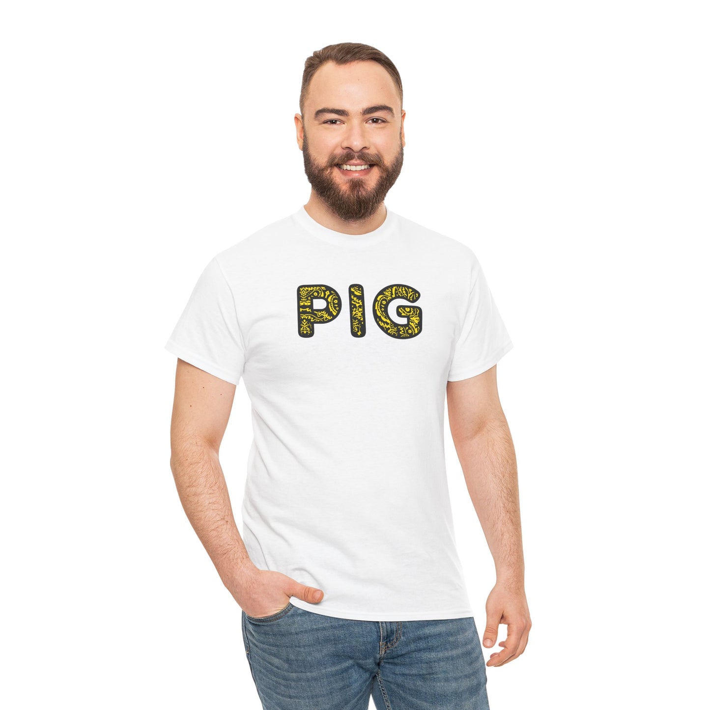 gildan Pig - Yellow Paisley Bandana Font - Piss