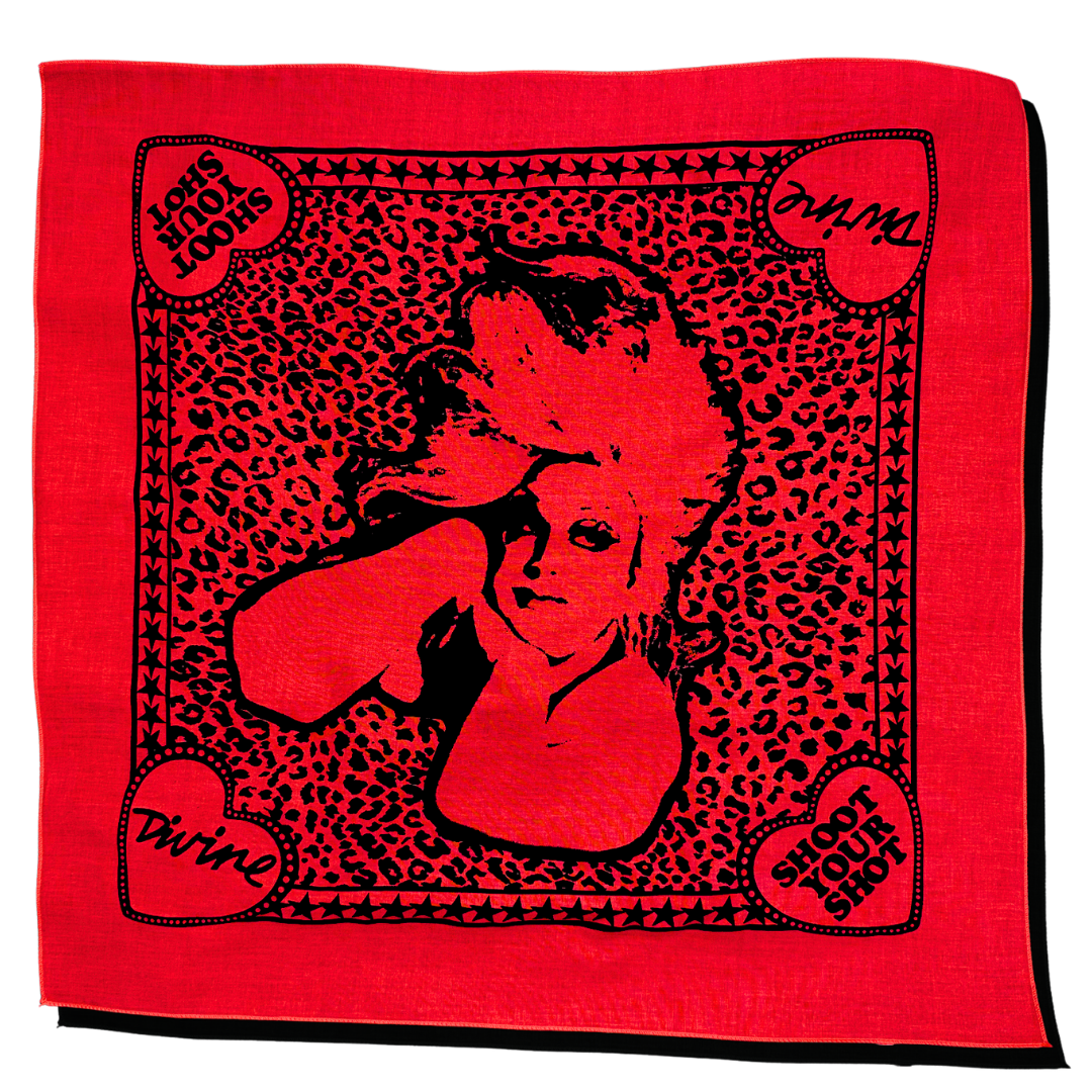 Hand silkscreened Divine Shoot Your Shot red cotton bandana with portrait illustration