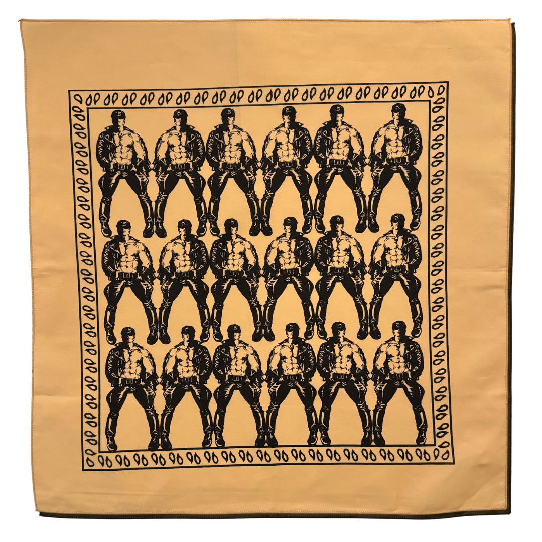 Beige bandana with black pattern of a shirtless leatherman in a standing pose.