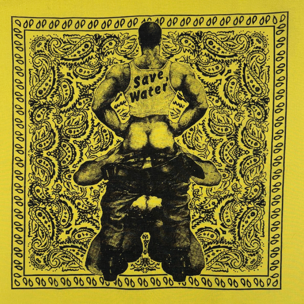 Yellow paisley bandana featuring illustrated male figure with “save water” text on tank top, referencing coded hanky symbolism in queer leather culture.