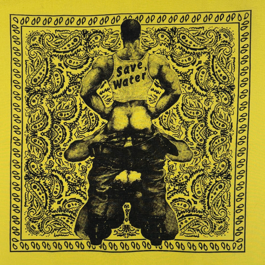 Yellow paisley bandana featuring illustrated male figure with “save water” text on tank top, referencing coded hanky symbolism in queer leather culture.