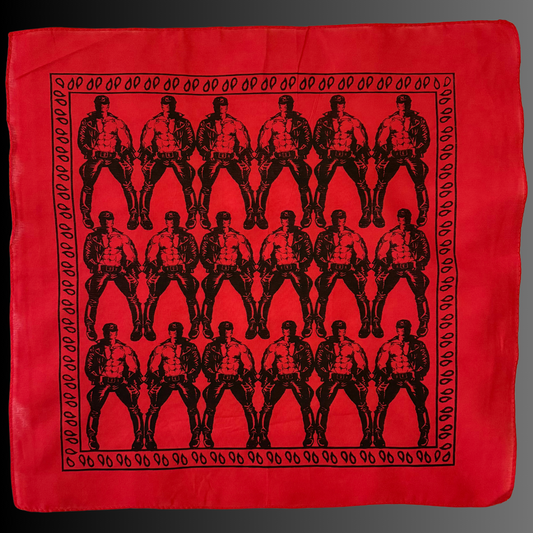 Red bandana with black illustration of repeating leather-clad figures and traditional paisley border, referencing classic red hanky symbolism in queer history.