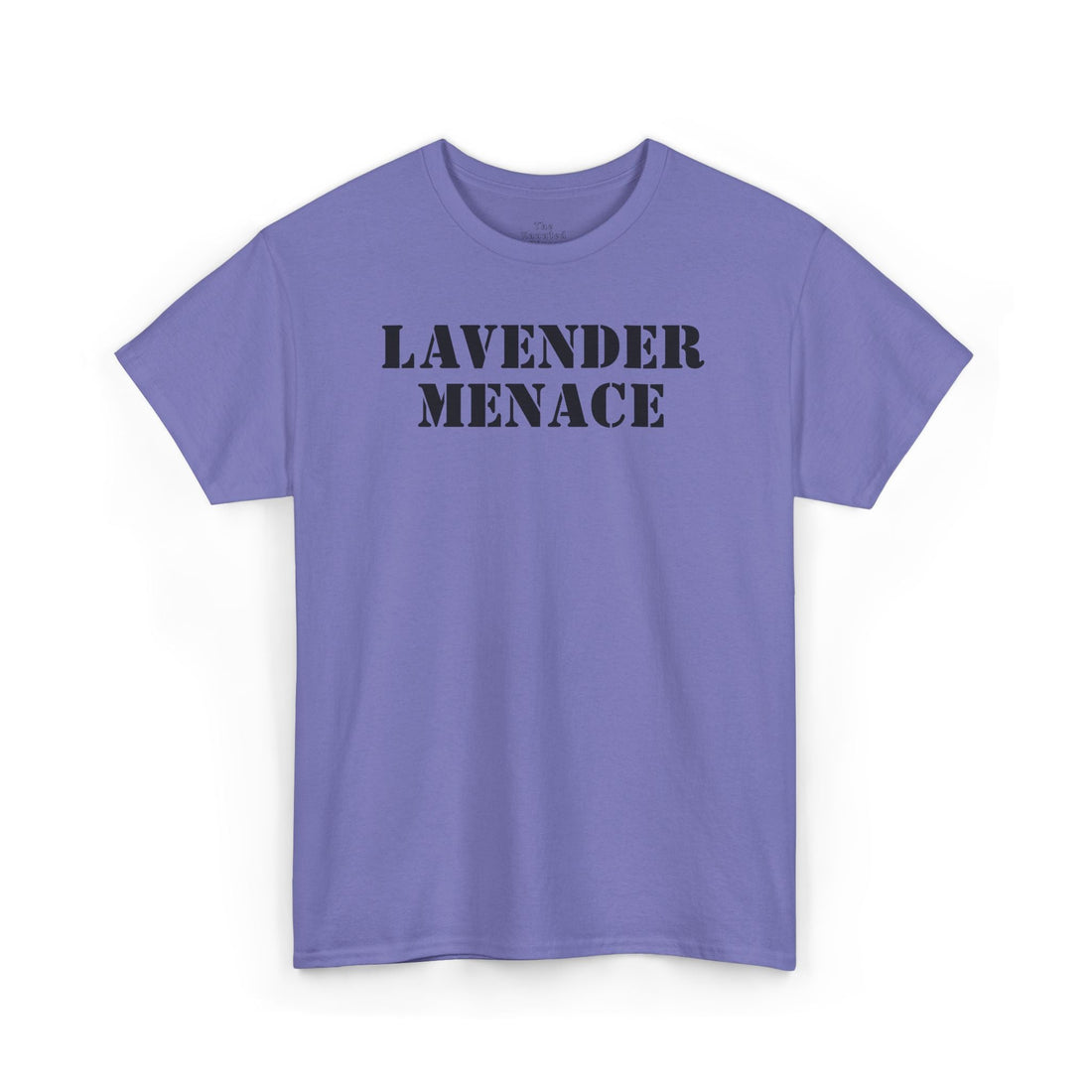 Lavender purple unisex T-shirt with bold black “LAVENDER MENACE” text printed across the chest, minimalist graphic tee on a plain background.