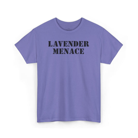 Lavender purple unisex T-shirt with bold black “LAVENDER MENACE” text printed across the chest, minimalist graphic tee on a plain background.