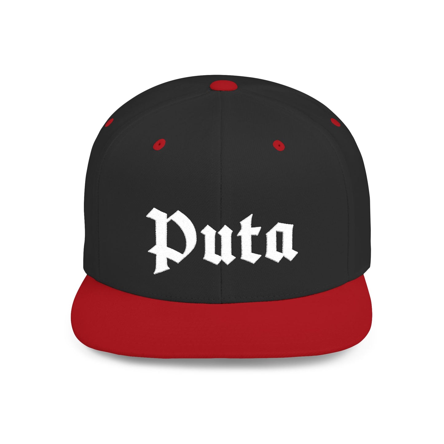 Puta - Old English - Flat Bill Snapback Hat - White Stitching