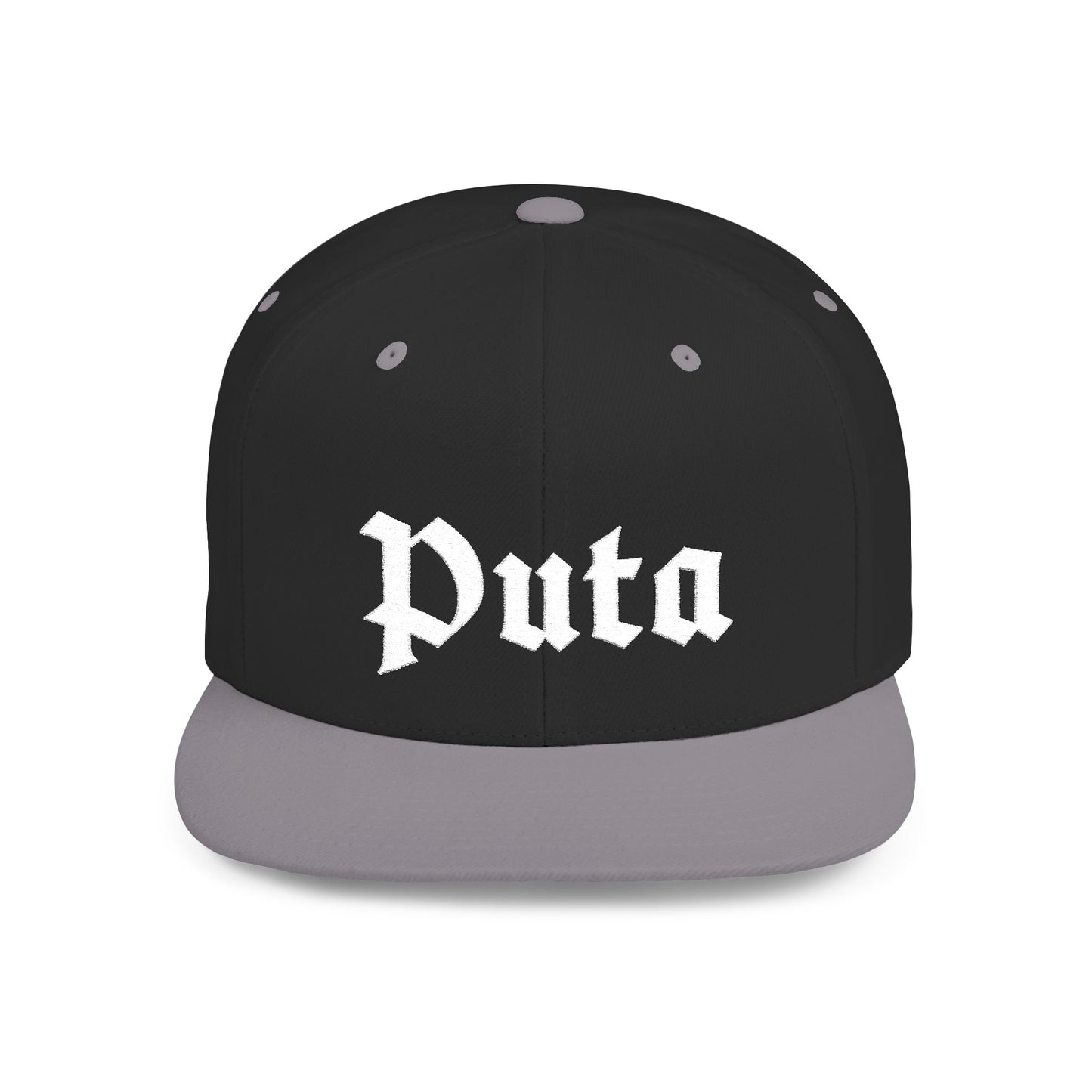 Puta - Old English - Flat Bill Snapback Hat - White Stitching