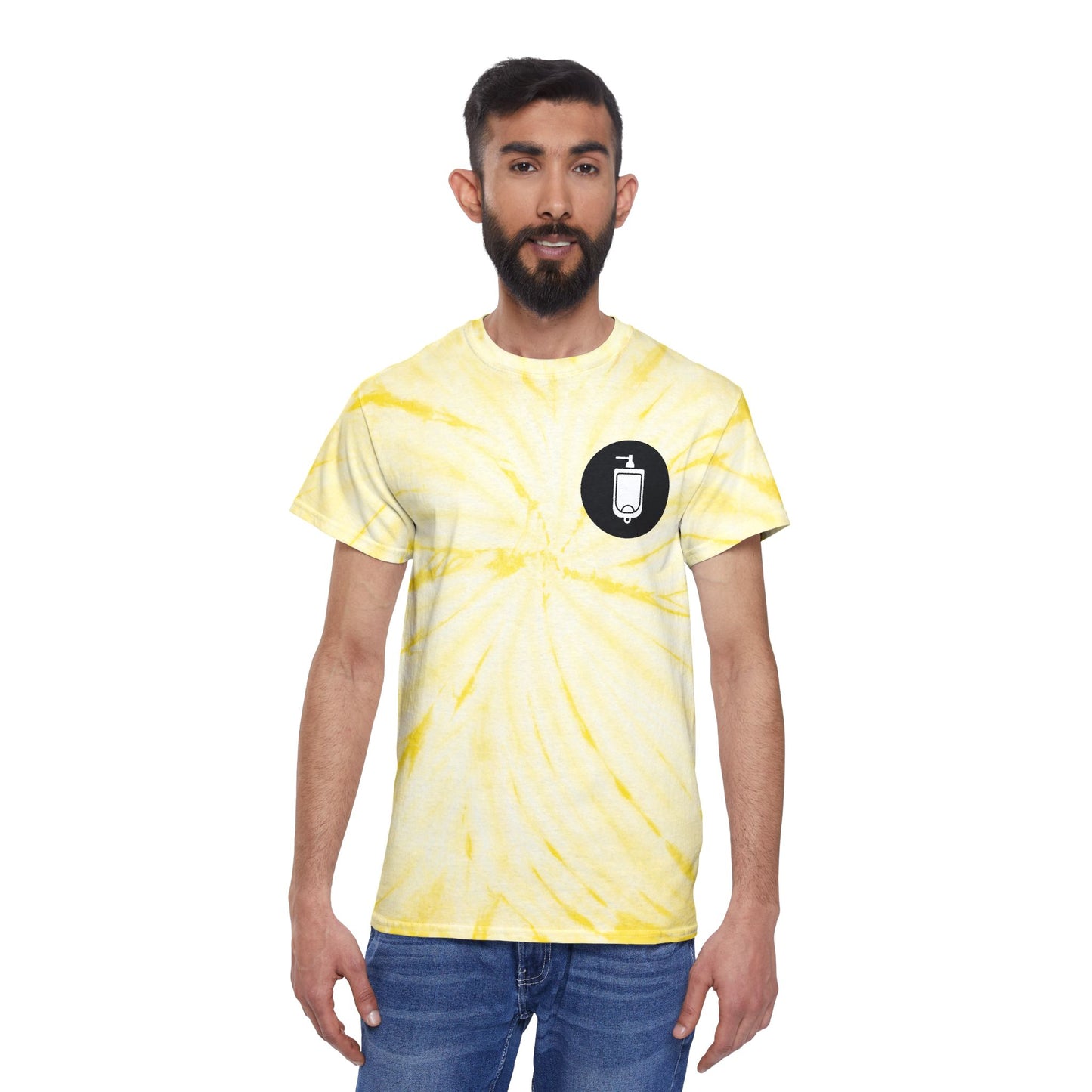 Yellow Tie-Dye Graphic Tee with Urinal Icon