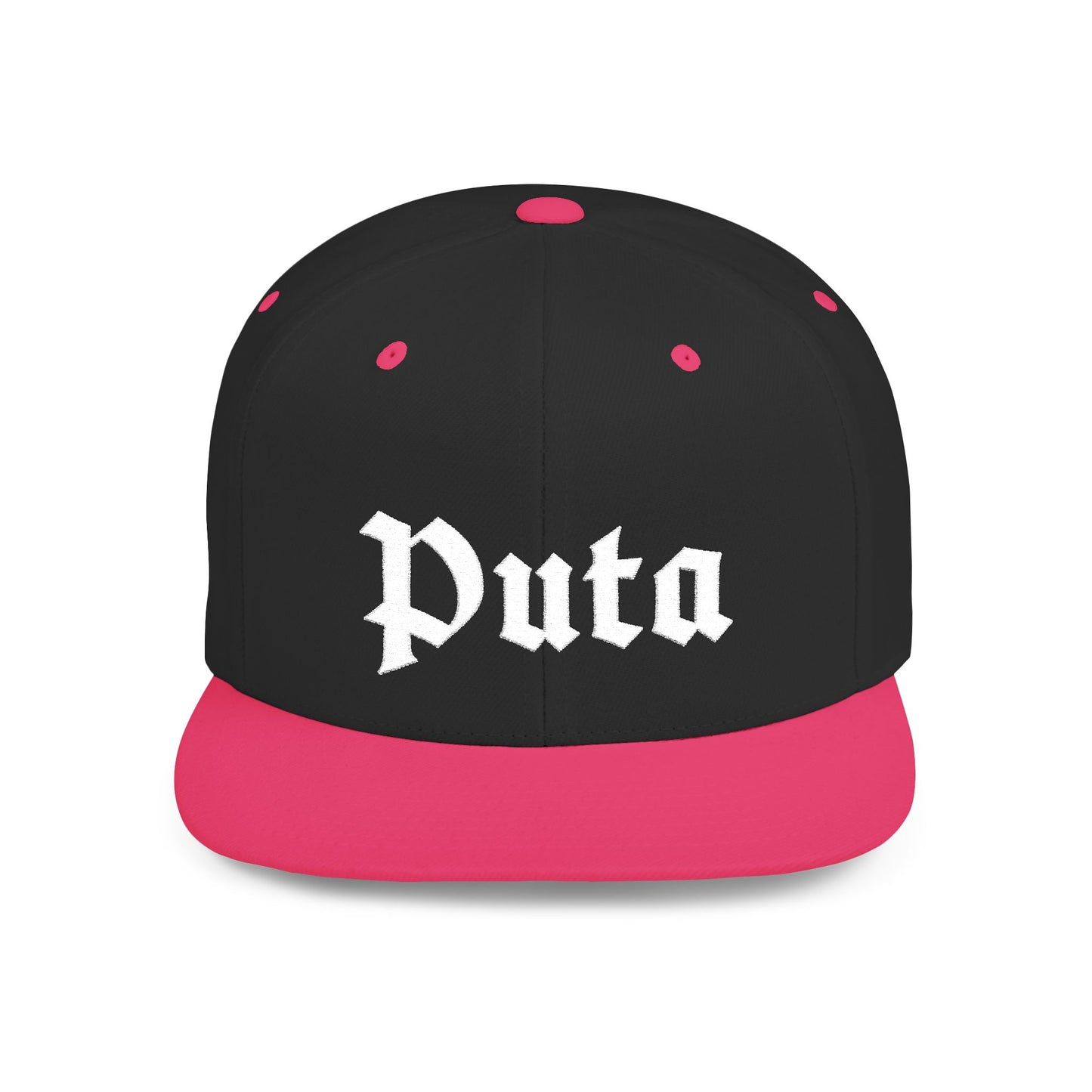 Puta - Old English - Flat Bill Snapback Hat - White Stitching
