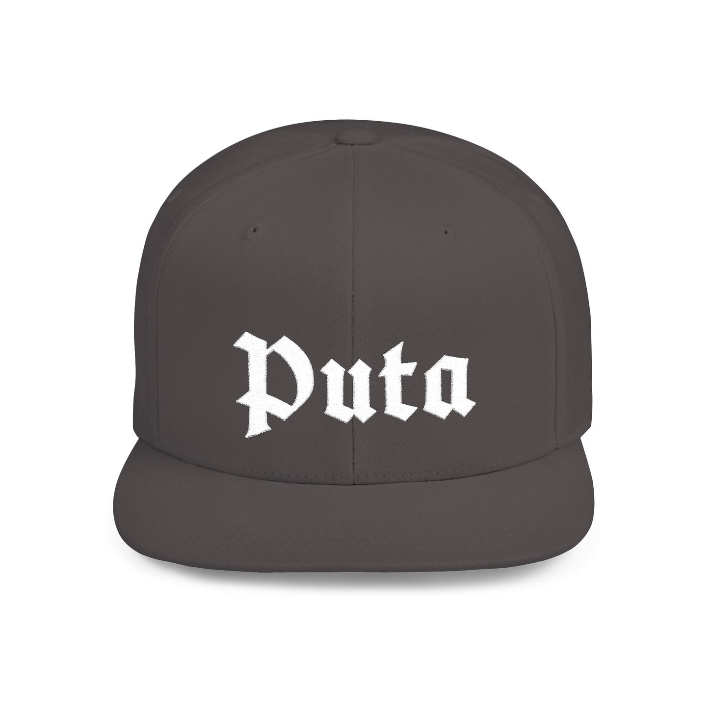 Puta - Old English - Flat Bill Snapback Hat - White Stitching