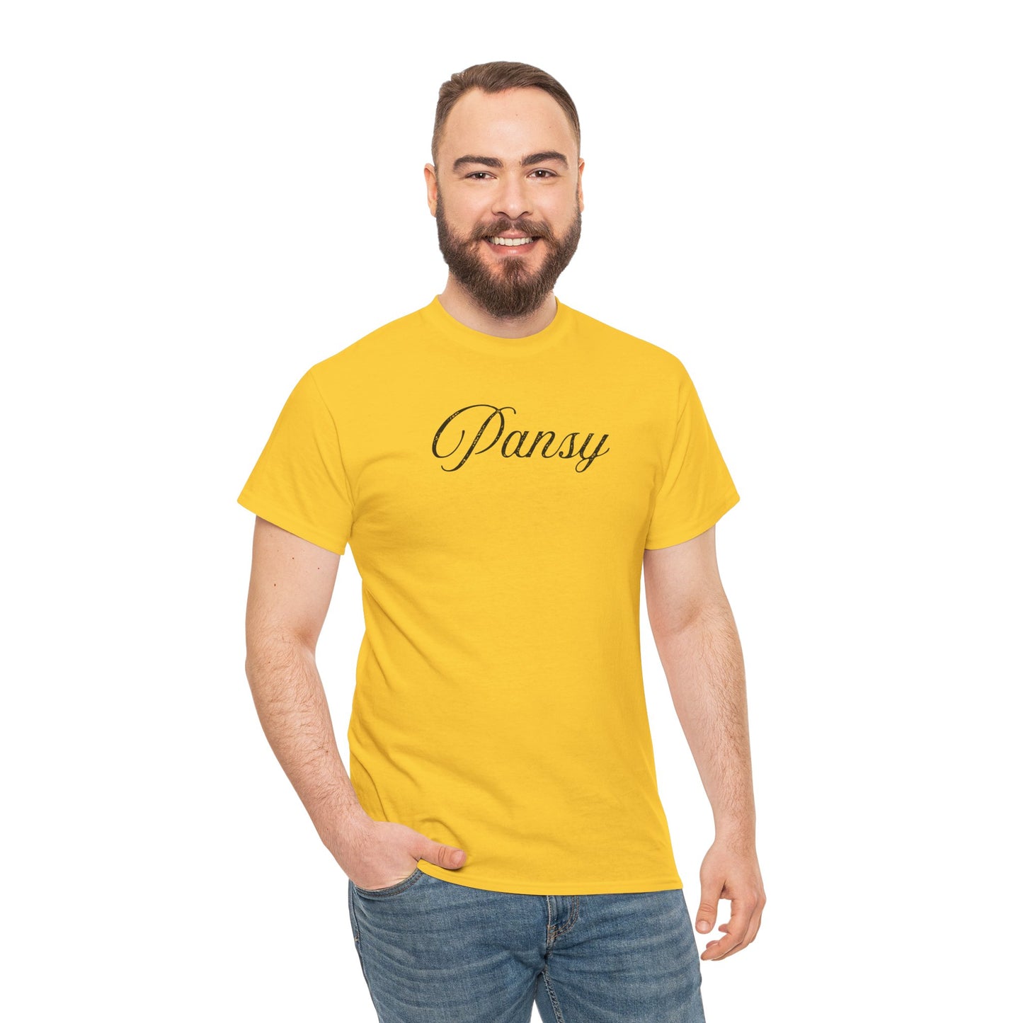 Man wearing a yellow t-shirt with 'Pansy' in black text