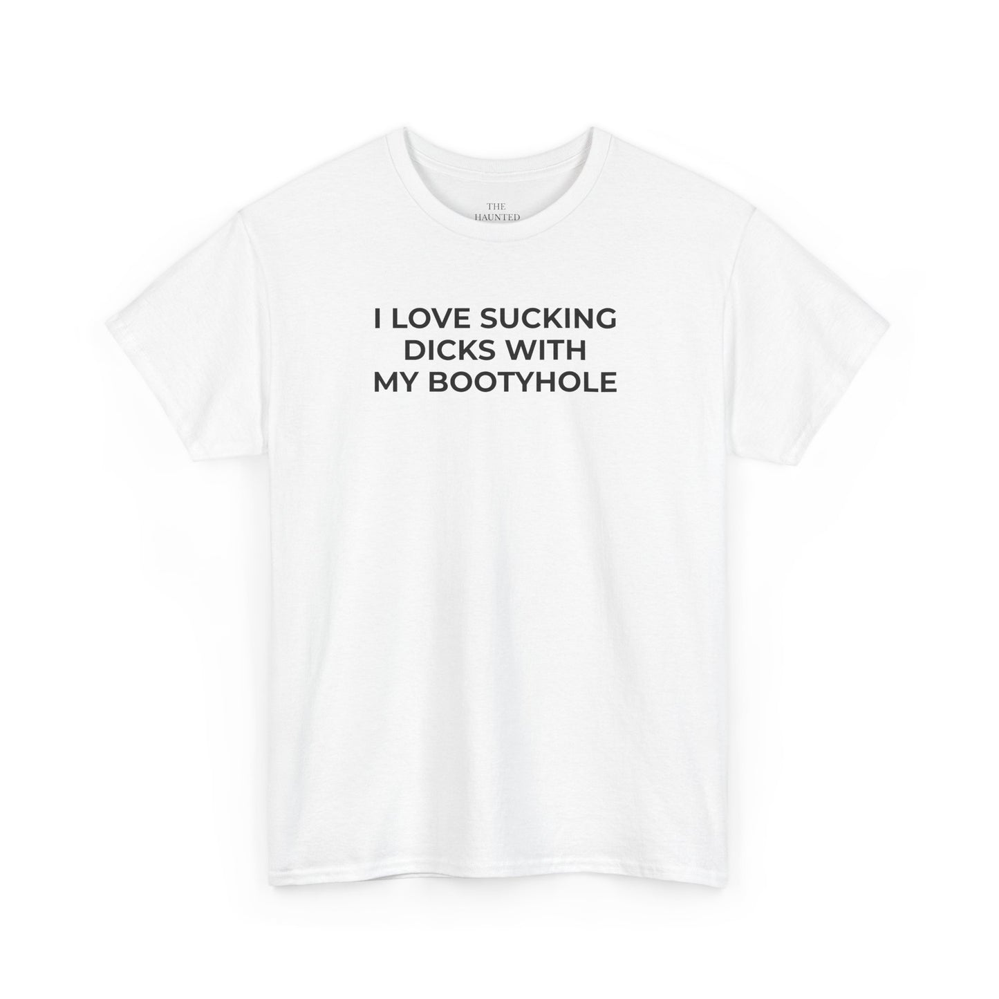 White t-shirt with black text on a white background