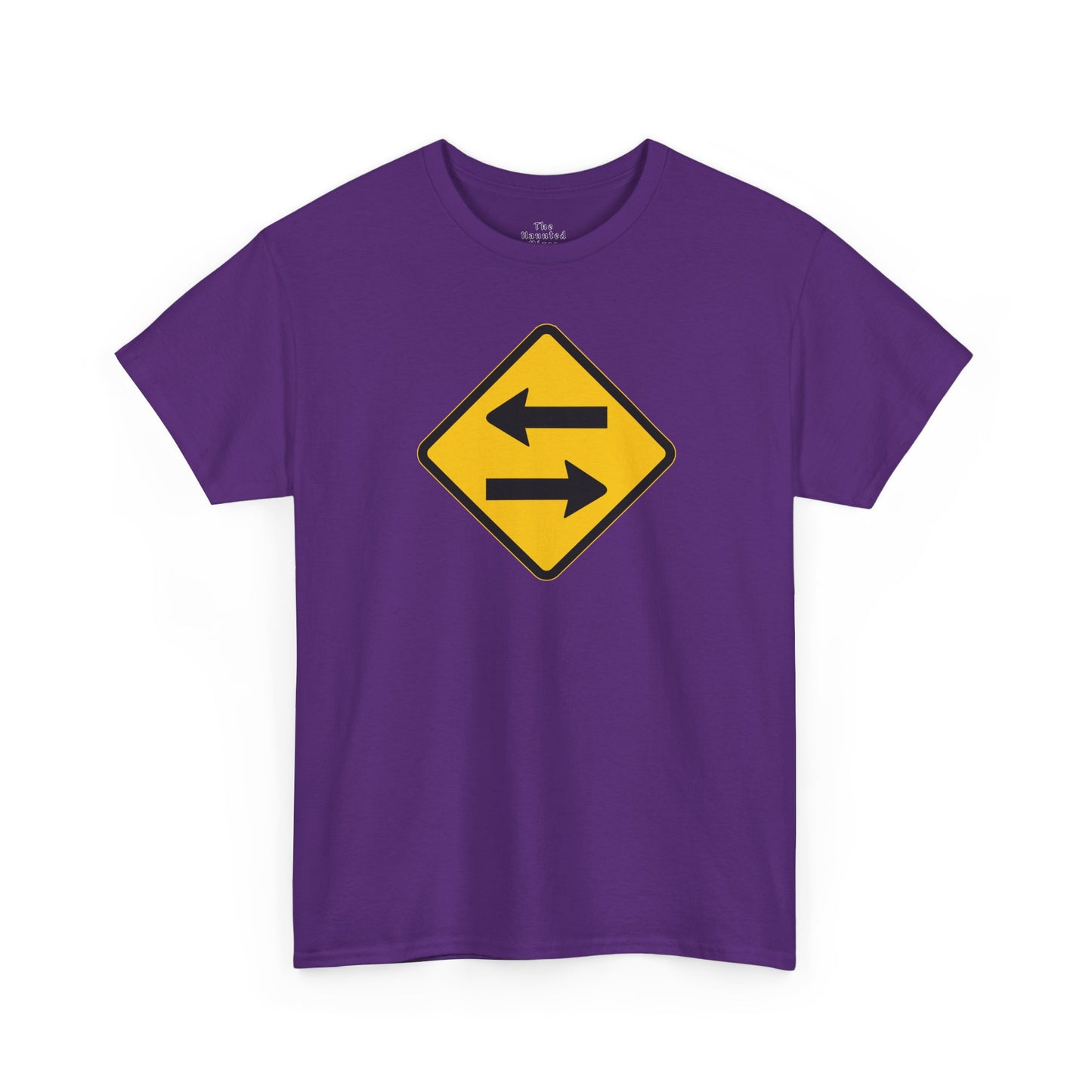 Unisex cotton t-shirt featuring a directional signal graphic printed as a yellow traffic-style sign on purple fabric.