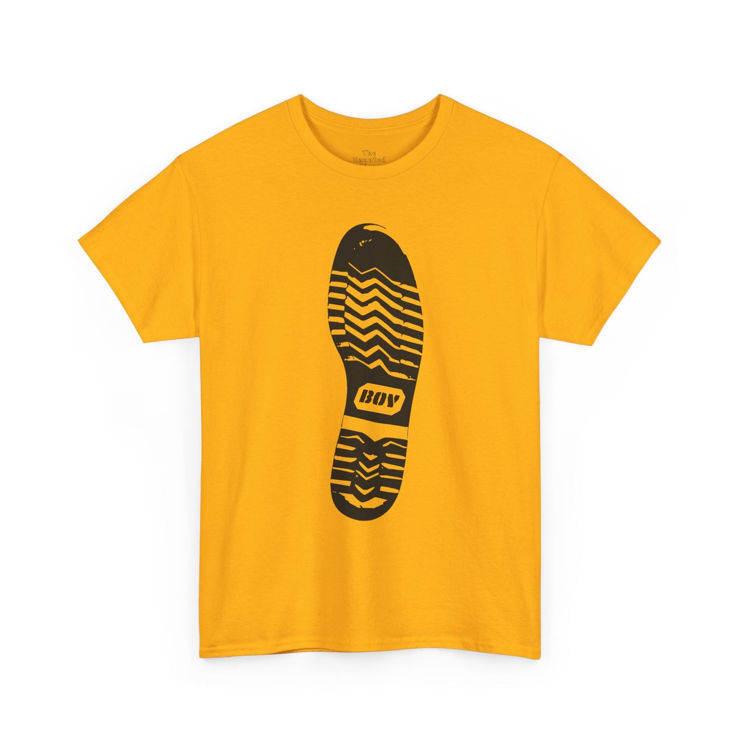 Unisex cotton t-shirt featuring a boot sole graphic with directional tread printed on golden yellow fabric.