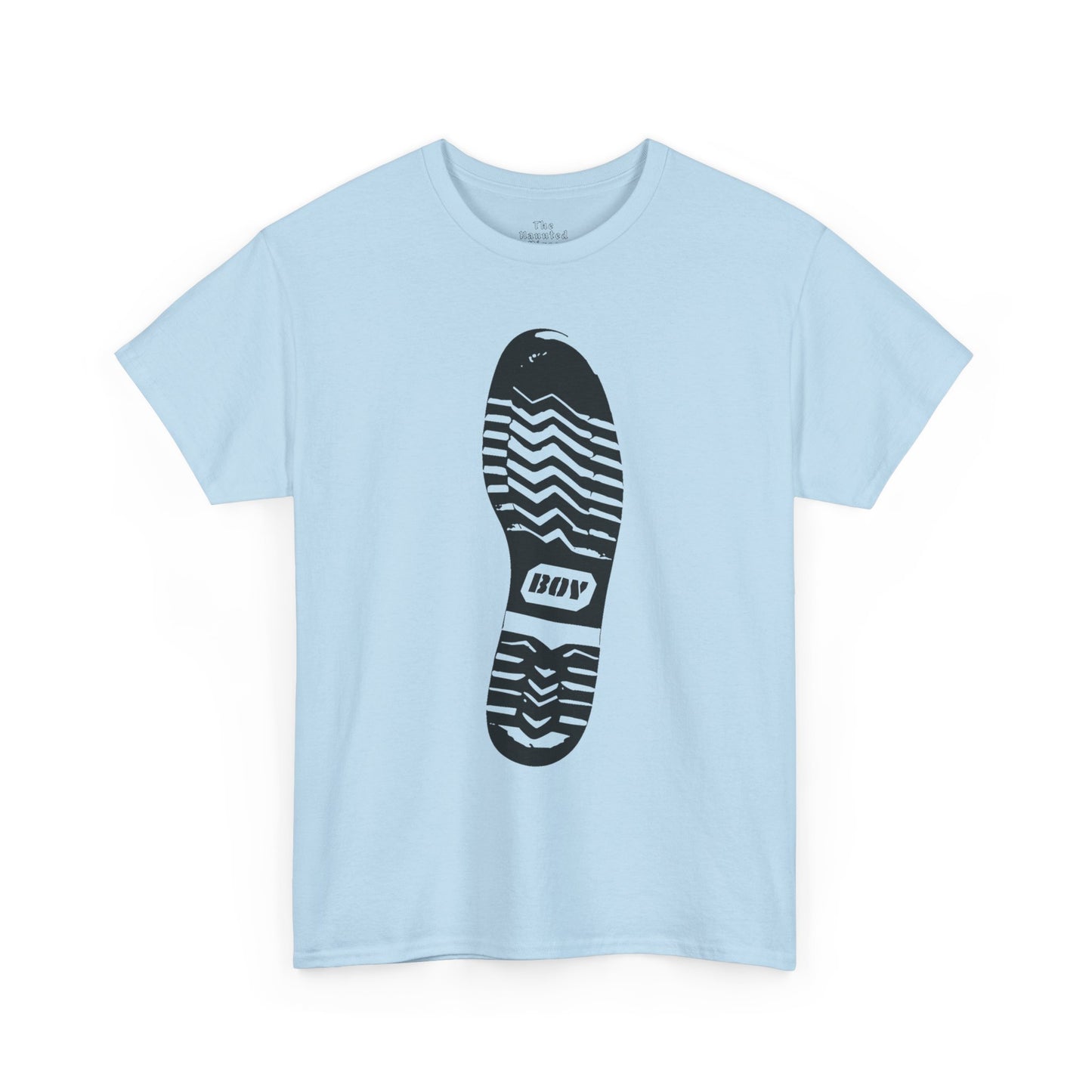 Unisex cotton t-shirt featuring a boot sole graphic with directional tread printed on light blue fabric.