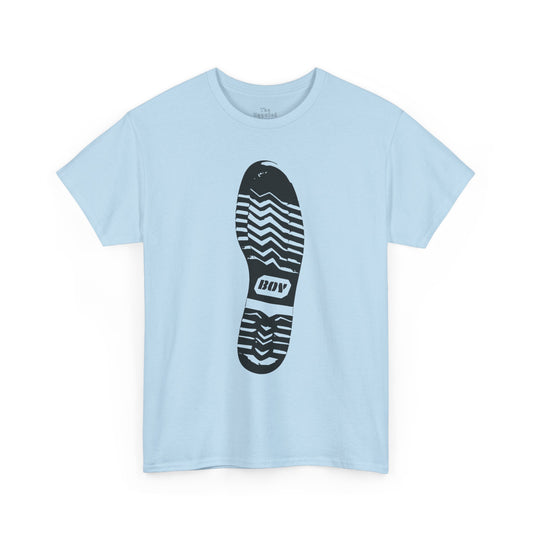 Unisex cotton t-shirt featuring a boot sole graphic with directional tread printed on light blue fabric.