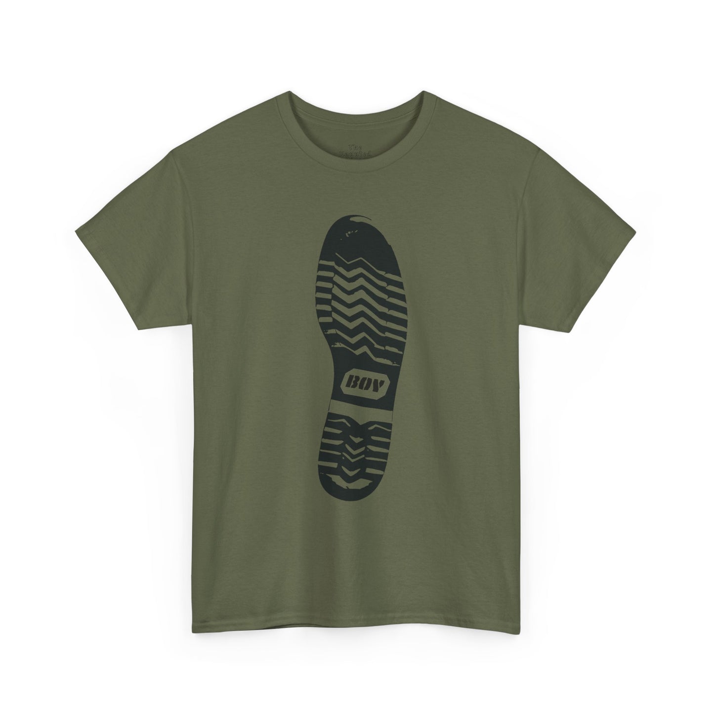 Unisex cotton t-shirt featuring a boot sole graphic with directional tread printed on military green fabric.