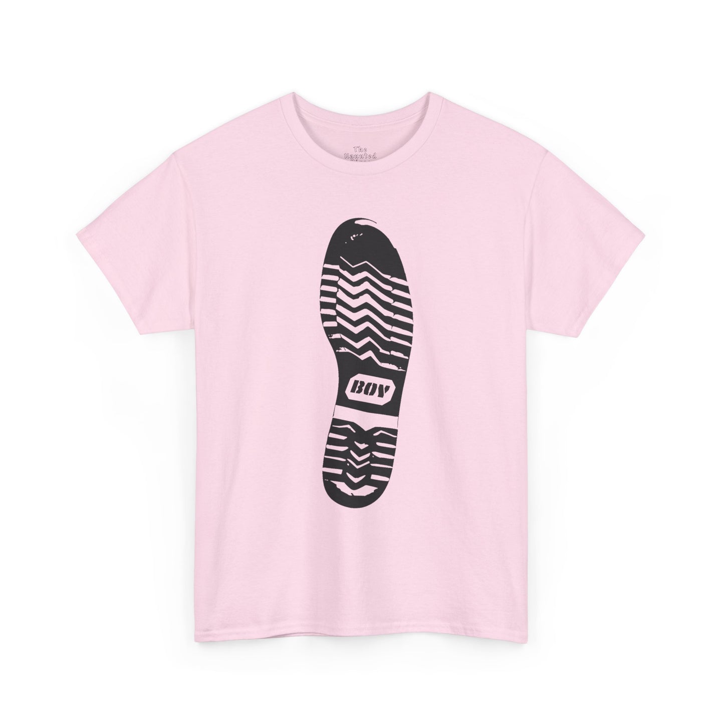 Unisex cotton t-shirt featuring a boot sole graphic with directional tread printed on pink fabric.