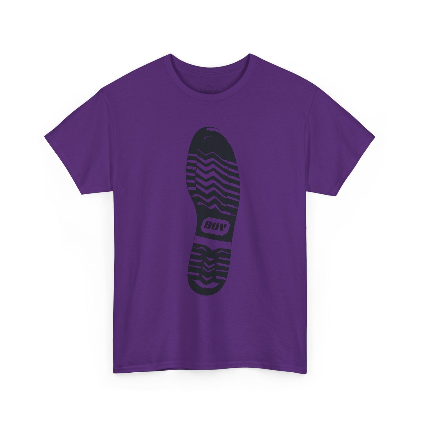 Unisex cotton t-shirt featuring a boot sole graphic with directional tread printed on purple fabric.