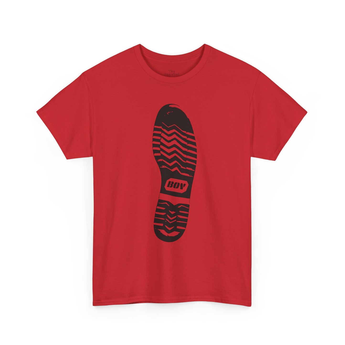 Unisex cotton t-shirt featuring a boot sole graphic with directional tread printed on red fabric.