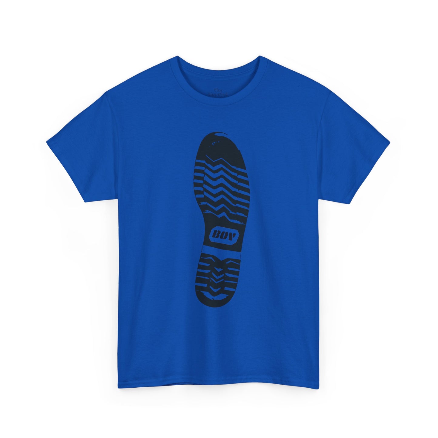 Unisex cotton t-shirt featuring a boot sole graphic with directional tread printed on royal blue fabric.