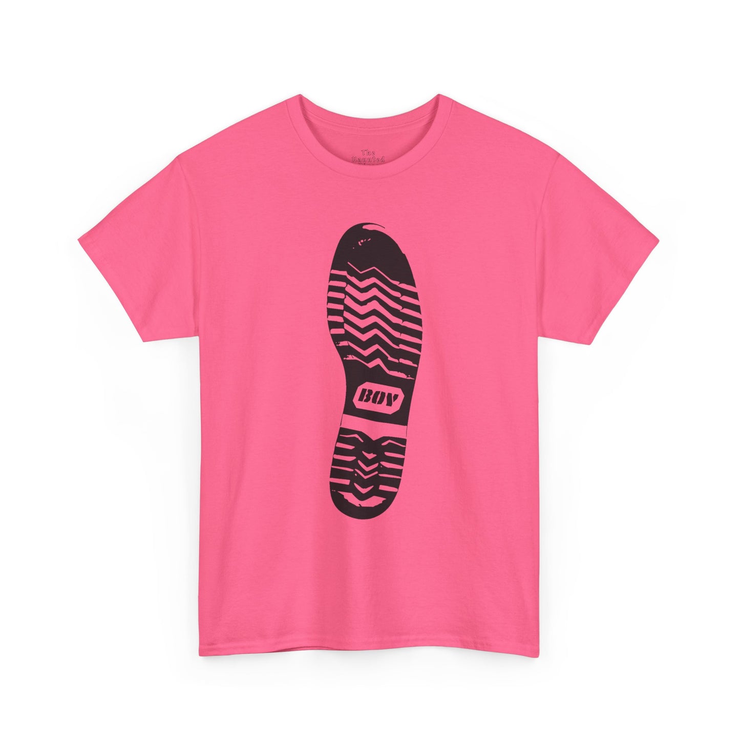 Unisex cotton t-shirt featuring a boot sole graphic with directional tread printed on safety pink fabric.
