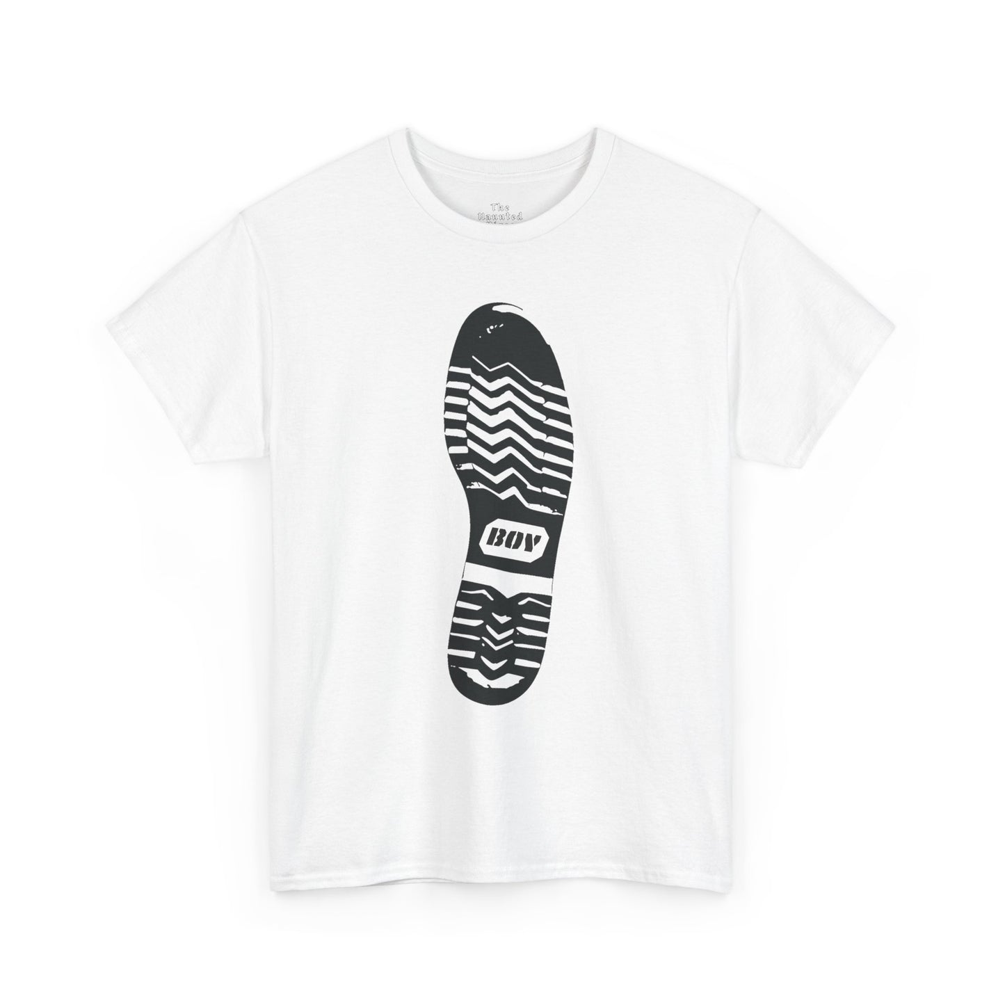 Unisex cotton t-shirt featuring a boot sole graphic with directional tread printed on white fabric.