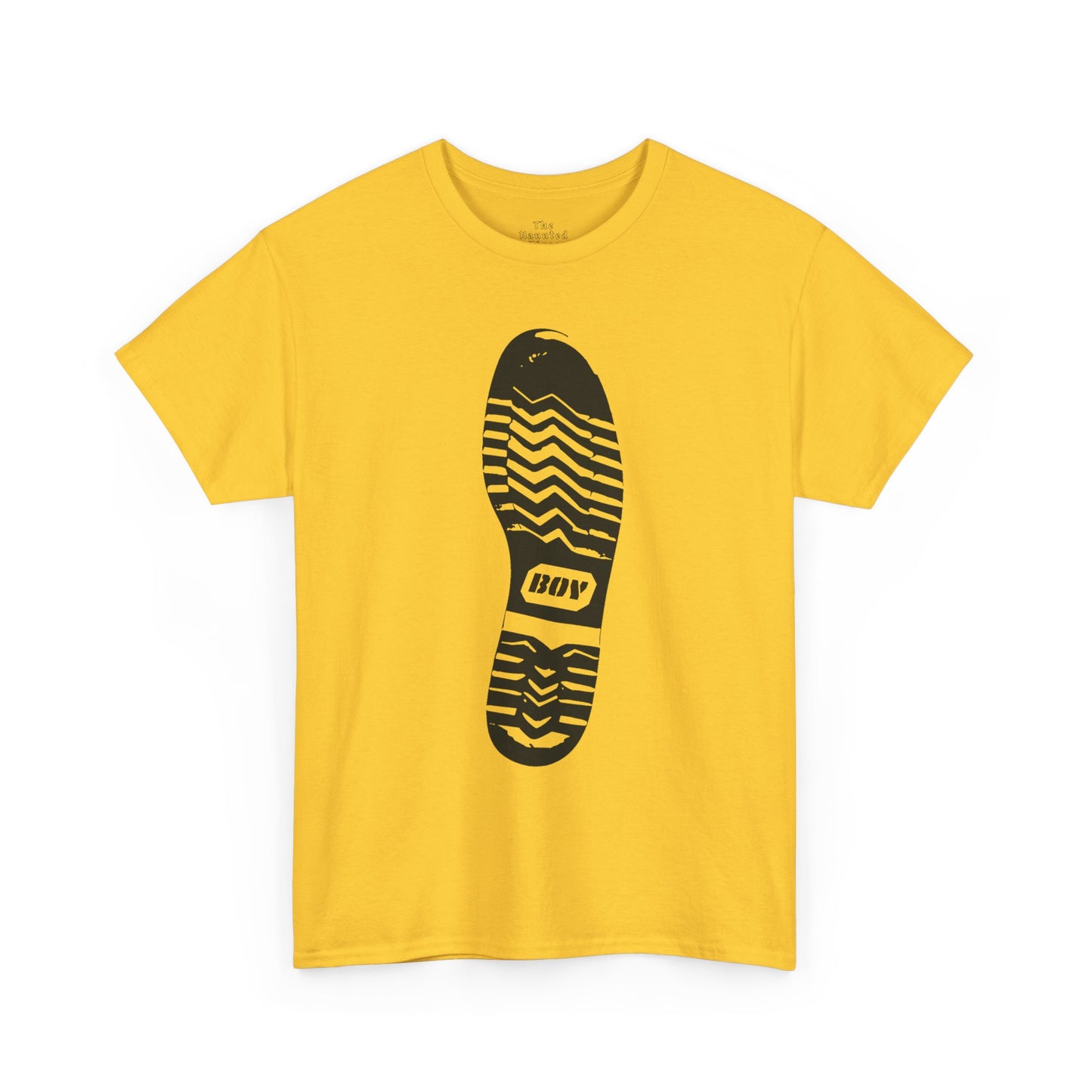 Unisex cotton t-shirt featuring a boot sole graphic with directional tread printed on yellow fabric.