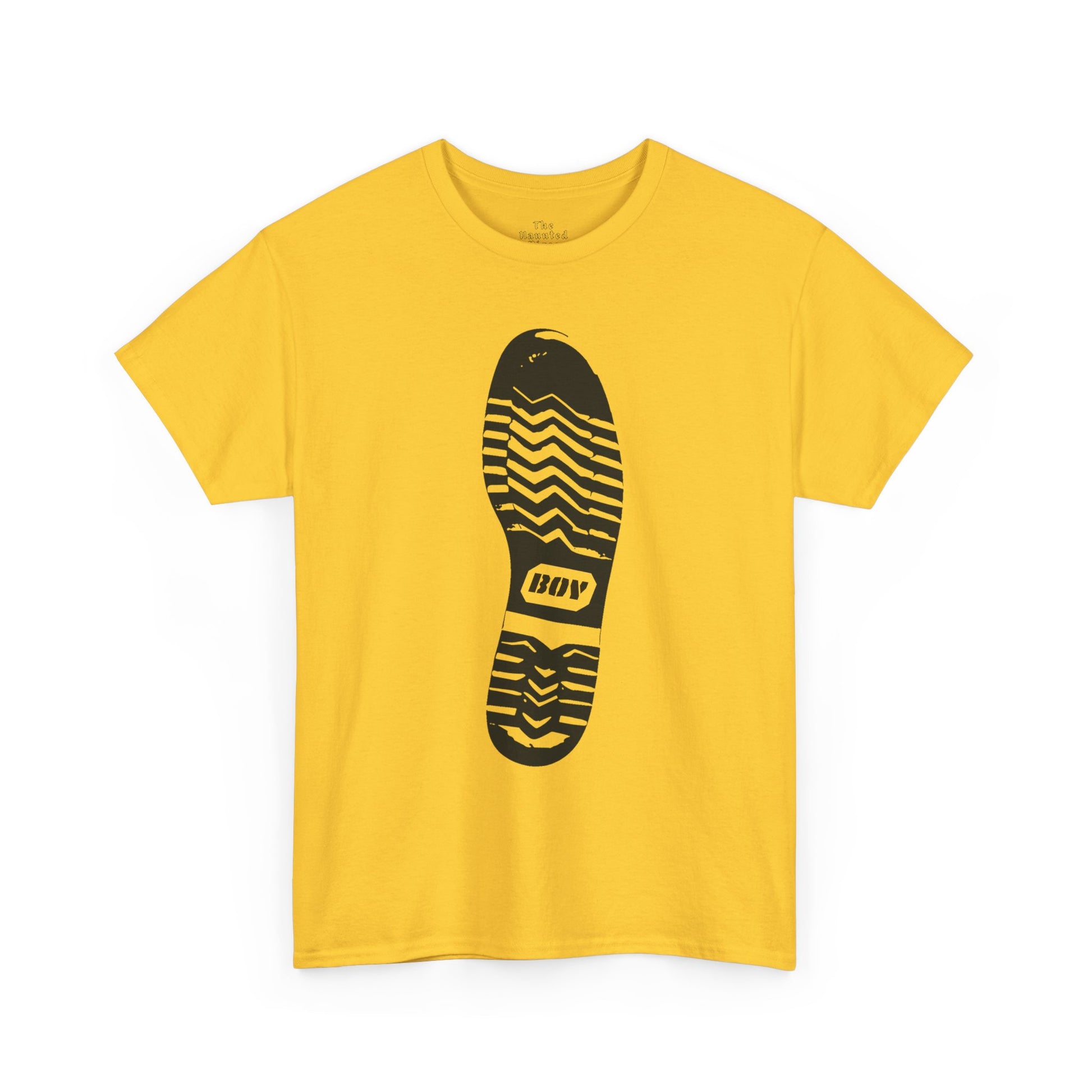 Unisex cotton t-shirt featuring a boot sole graphic with directional tread printed on yellow fabric.