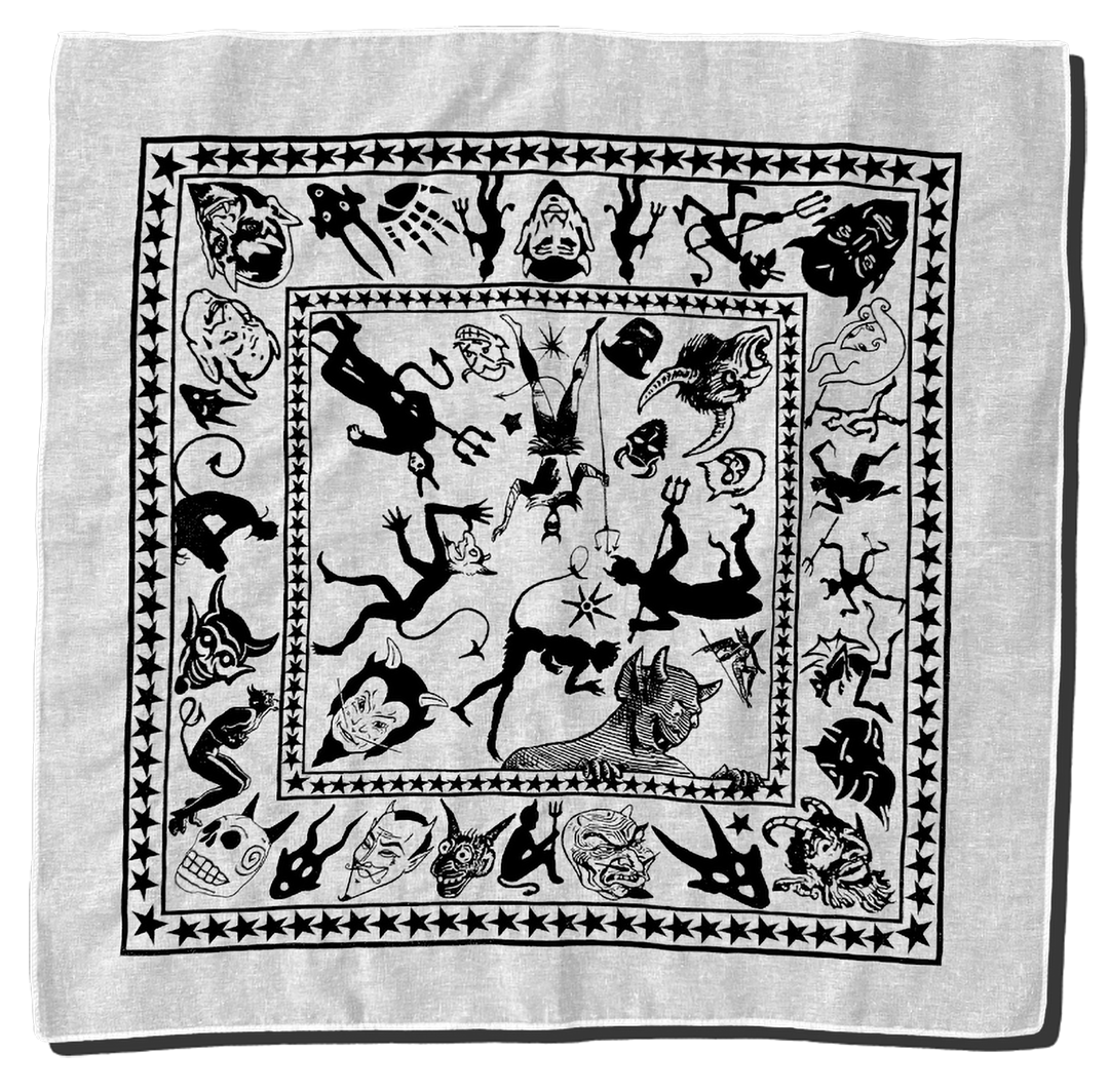 bandana with vintage-style devil and demon illustrations printed in black ink on white fabric.