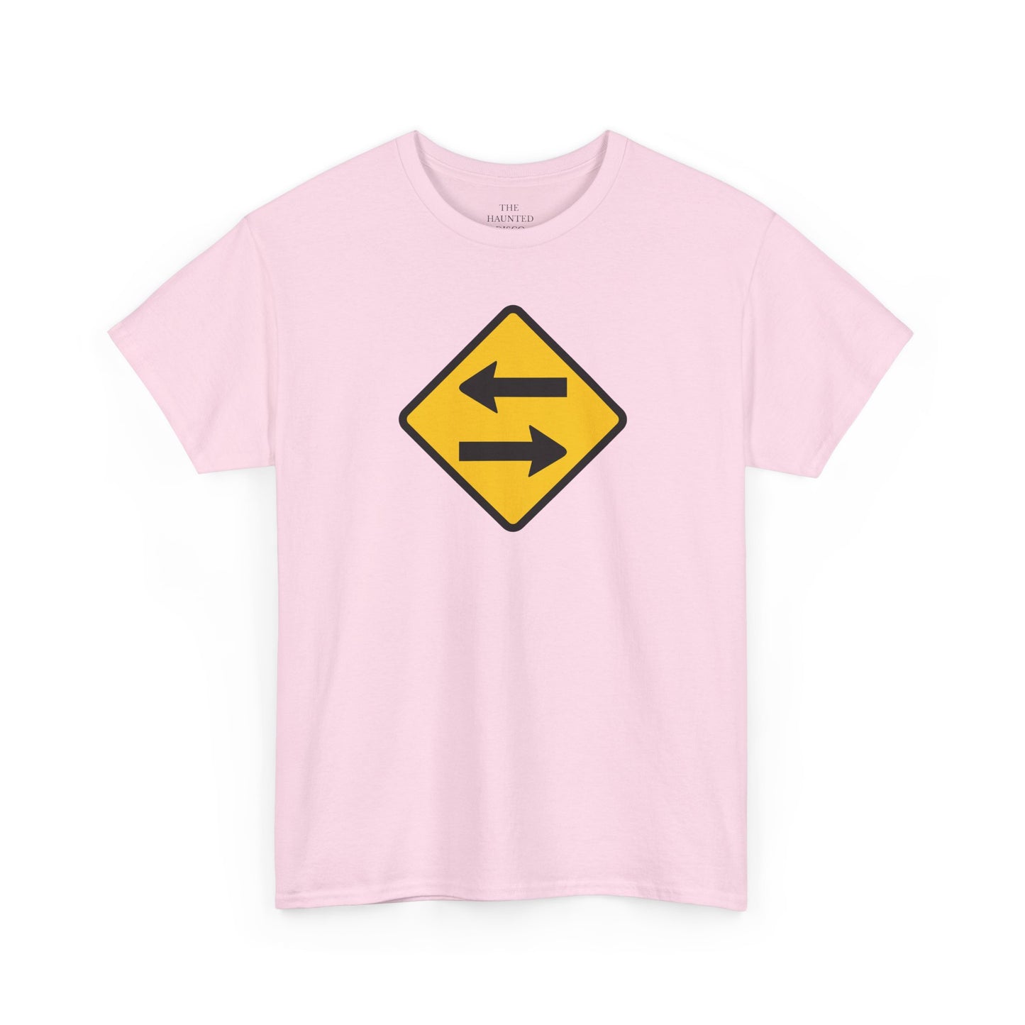 Unisex cotton t-shirt featuring a directional signal graphic printed as a yellow traffic-style sign on pink fabric.