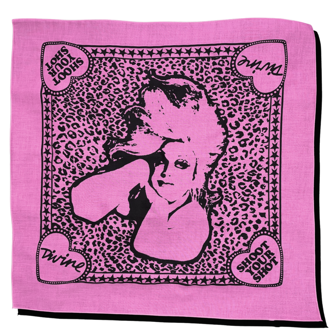 Divine Shoot Your Shot dark pink cotton bandana with black portrait illustration
