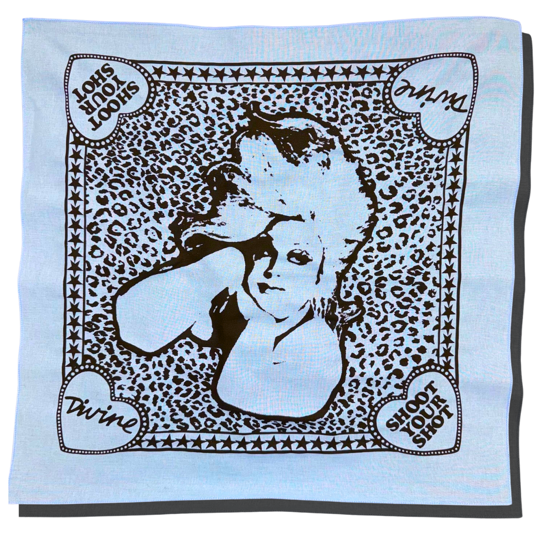Divine Shoot Your Shot light blue cotton bandana with black portrait illustration
