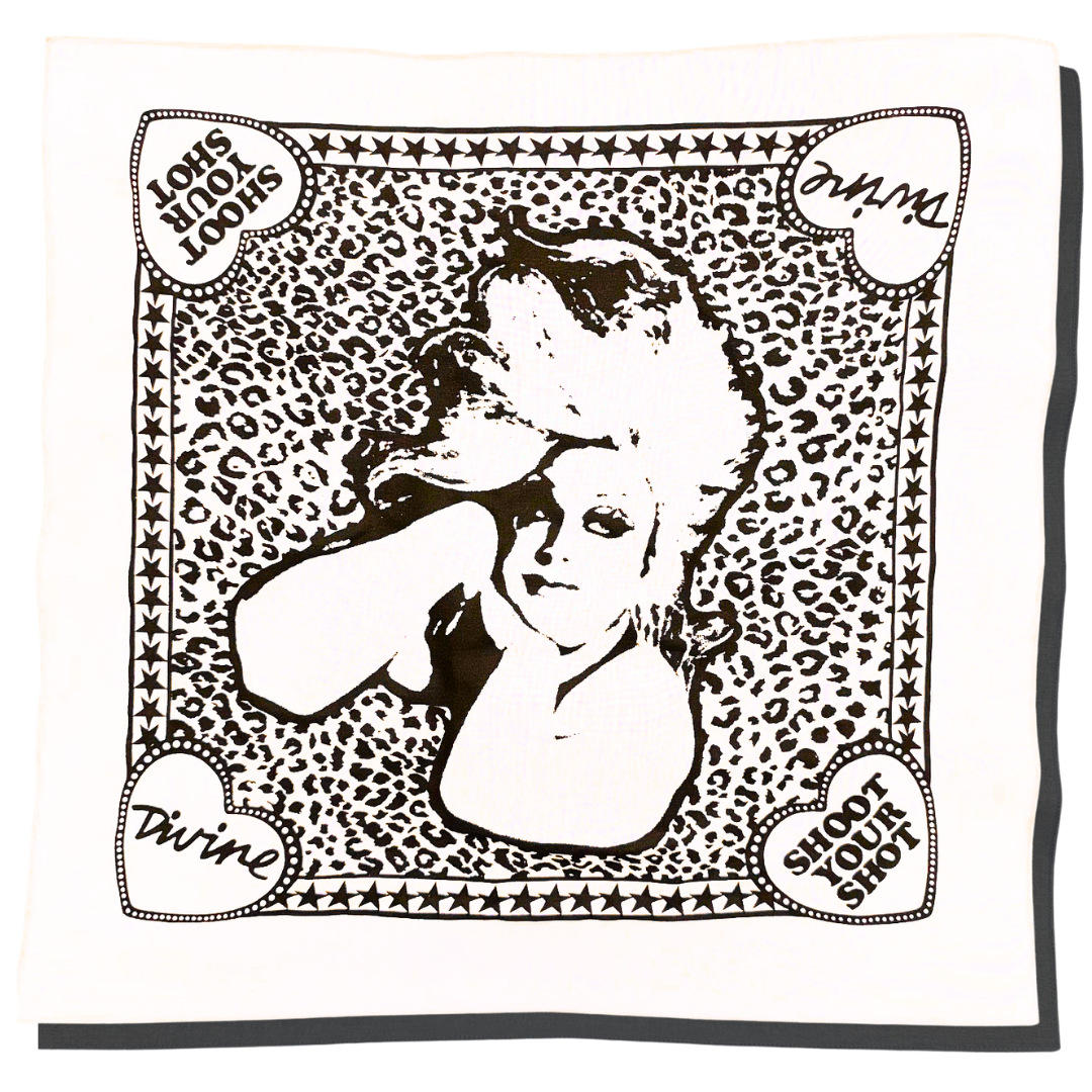 Divine Shoot Your Shot white cotton bandana with black portrait illustration