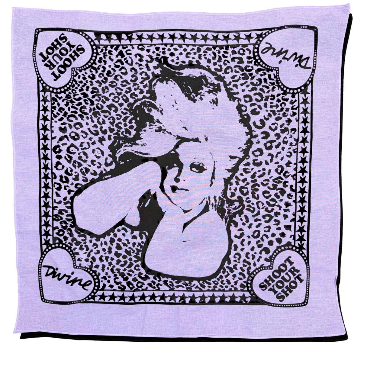 Divine Shoot Your Shot light purple cotton bandana with black portrait illustration

