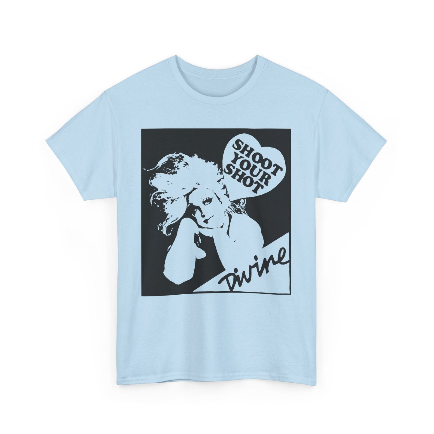 Divine Shoot Your Shot portrait graphic t-shirt in light blue