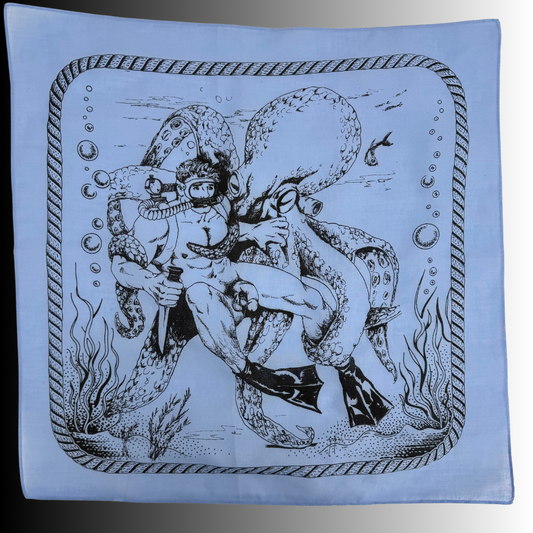 Octopus and sailor illustration bandana by Dom Etienne Orejudos in light blue