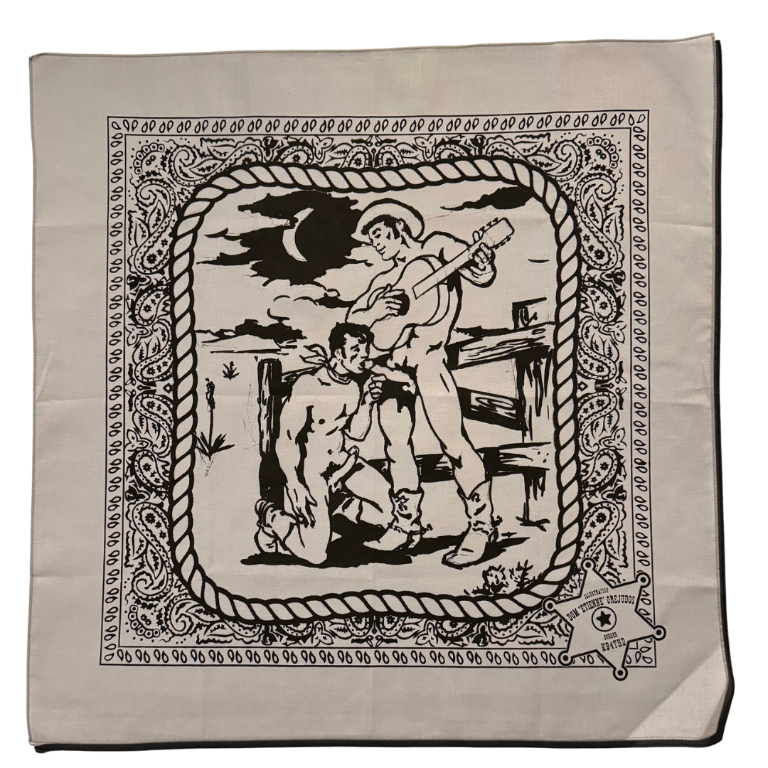 Bandana with black and white graphic of two cowboys playing guitar on a gray background