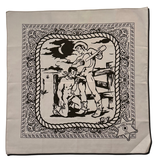 Bandana with black and white graphic of two cowboys playing guitar on a gray background