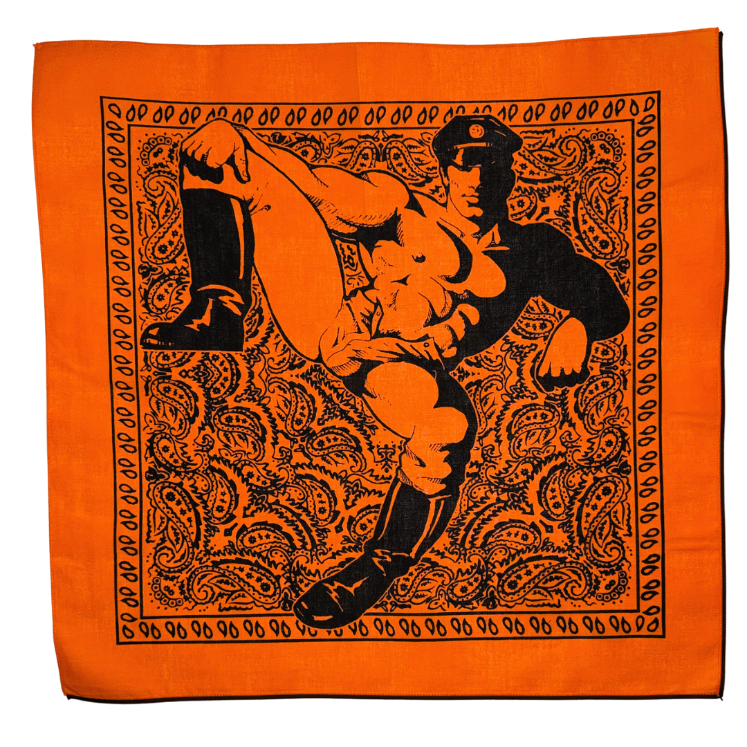 Orange bandana with black graphic design of a leather man on a paisley background