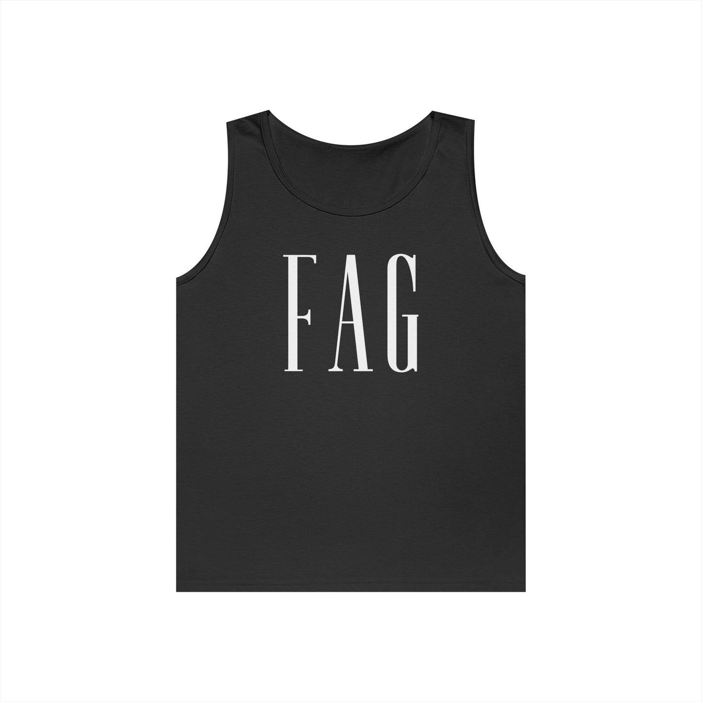 Black tank top with 'FAG' printed in white on a white background