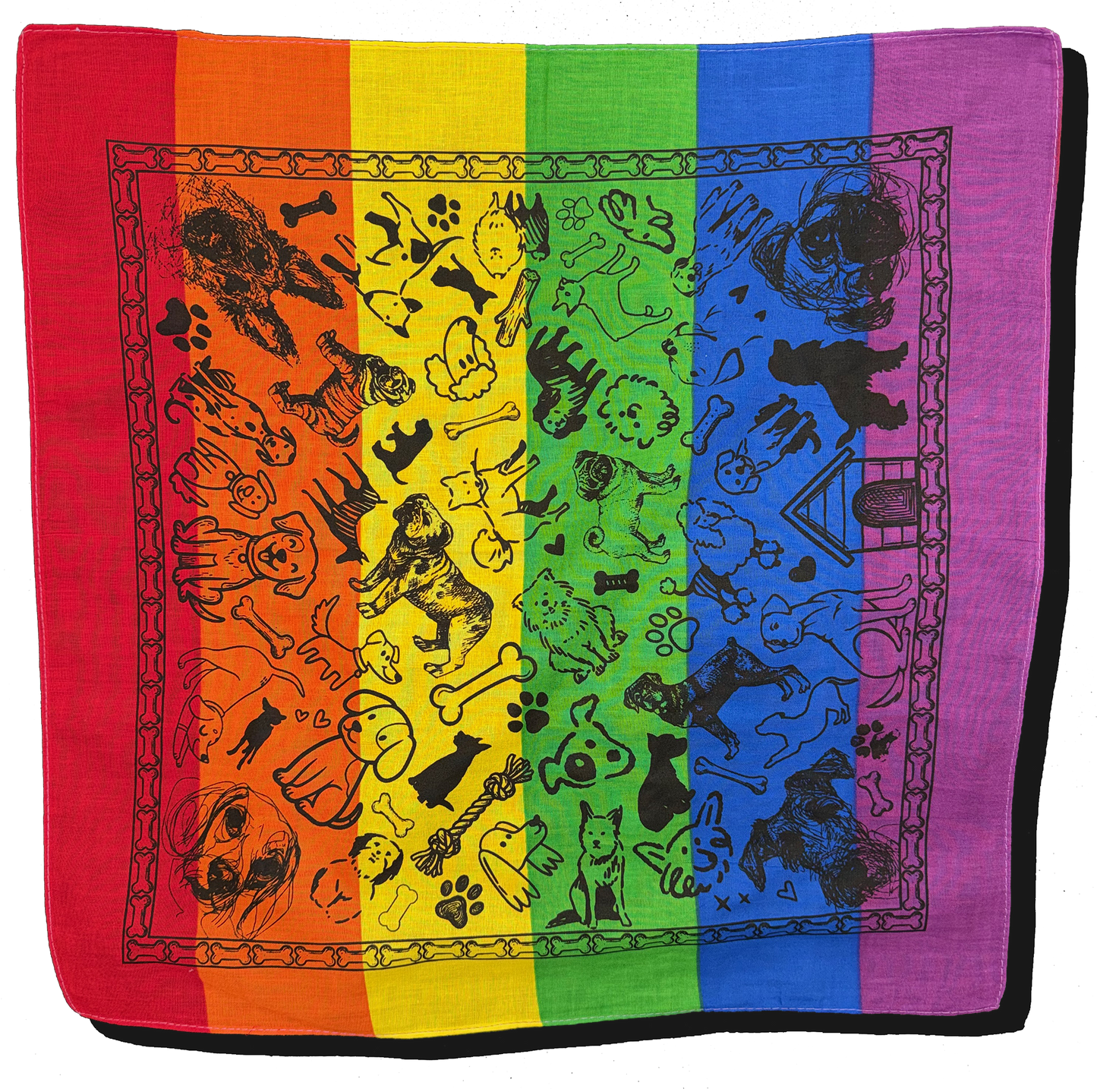 rainbow colored cotton bandana with illustrated dogs bones and paw prints pattern