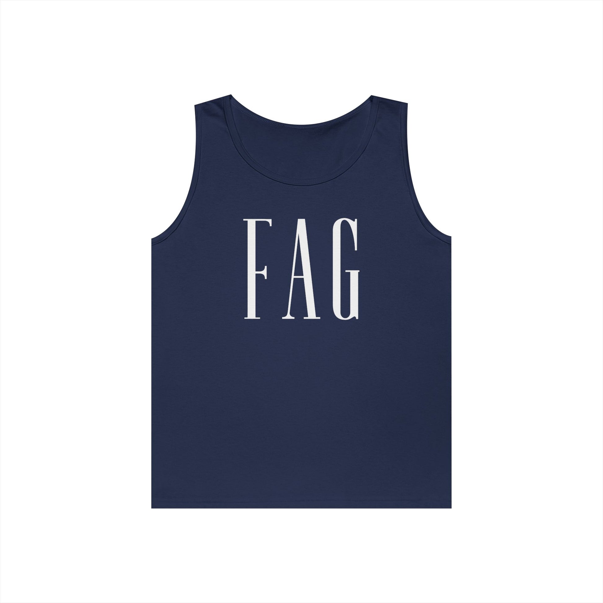 Navy tank top with FAG in large serif lettering