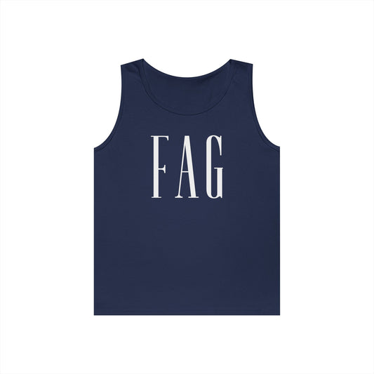 Navy tank top with FAG in large serif lettering
