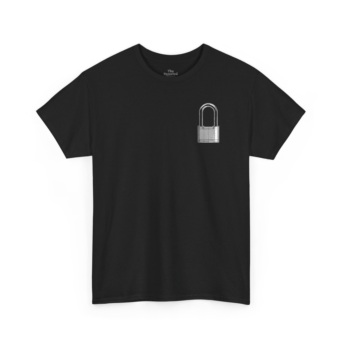 Unisex cotton t-shirt featuring a padlock chest graphic printed on black fabric.