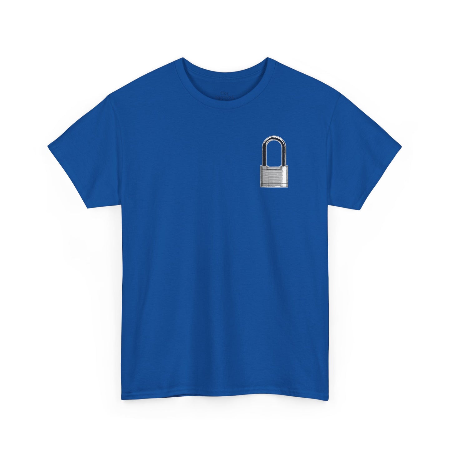Unisex cotton t-shirt featuring a padlock chest graphic printed on blue fabric.