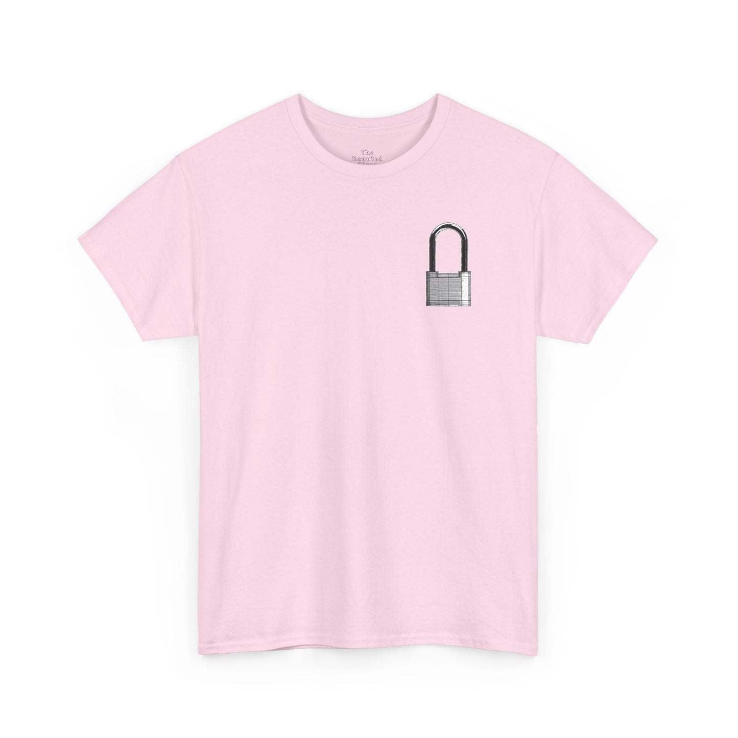 Unisex cotton t-shirt featuring a padlock chest graphic printed on light pink fabric.