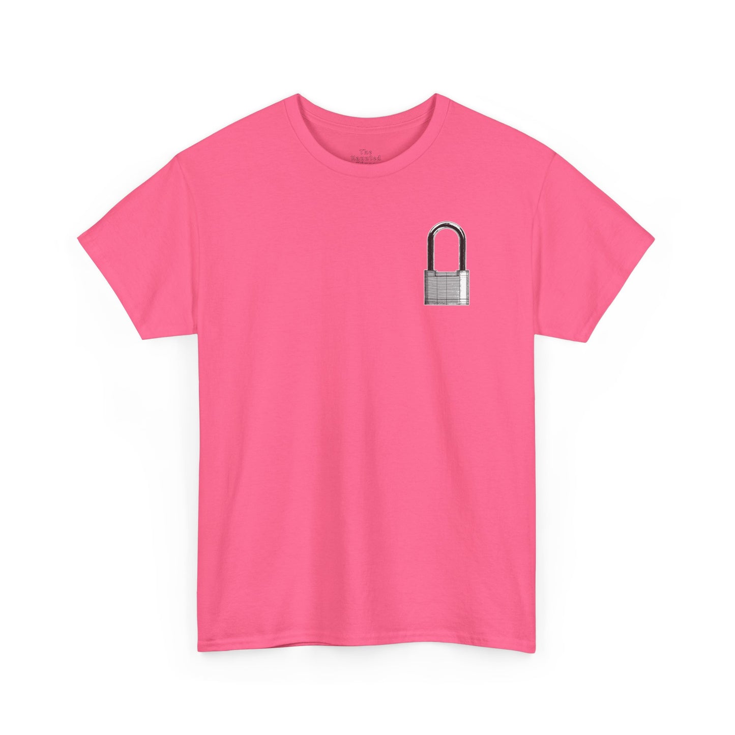 Unisex cotton t-shirt featuring a padlock chest graphic printed on safety pink fabric.