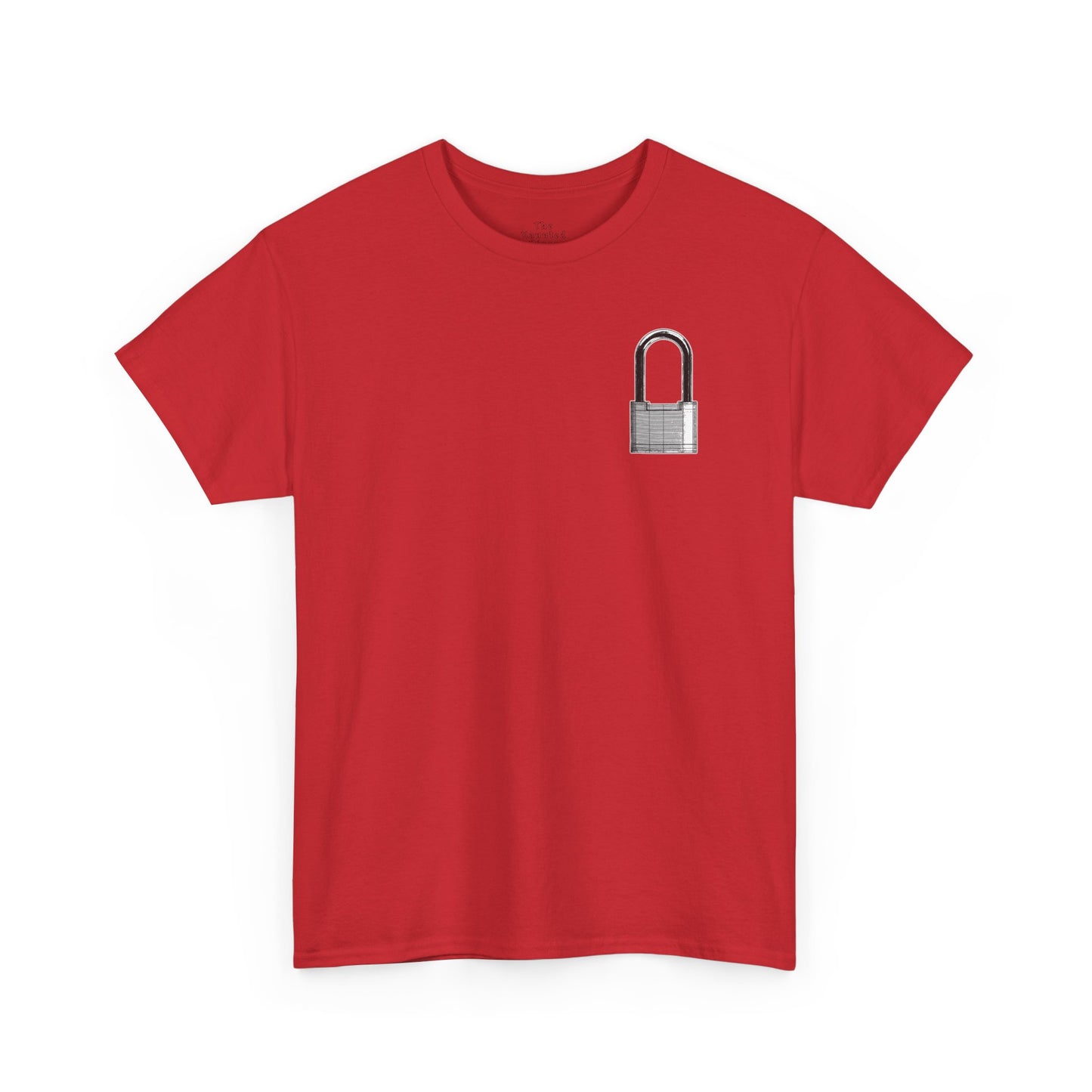 Unisex cotton t-shirt featuring a padlock chest graphic printed on red fabric.