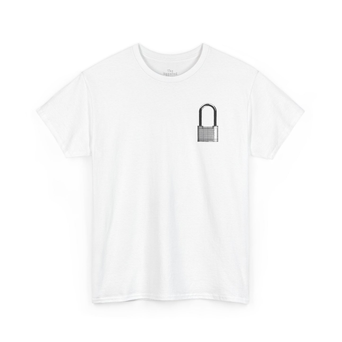 Unisex cotton t-shirt featuring a padlock chest graphic printed on white fabric.