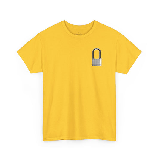 Unisex cotton t-shirt featuring a padlock chest graphic printed on yellow fabric.